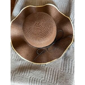 Roffe Accessories hat chocolate Brown Woven Paper Straw Wide Brim Sun Hat NWT OS